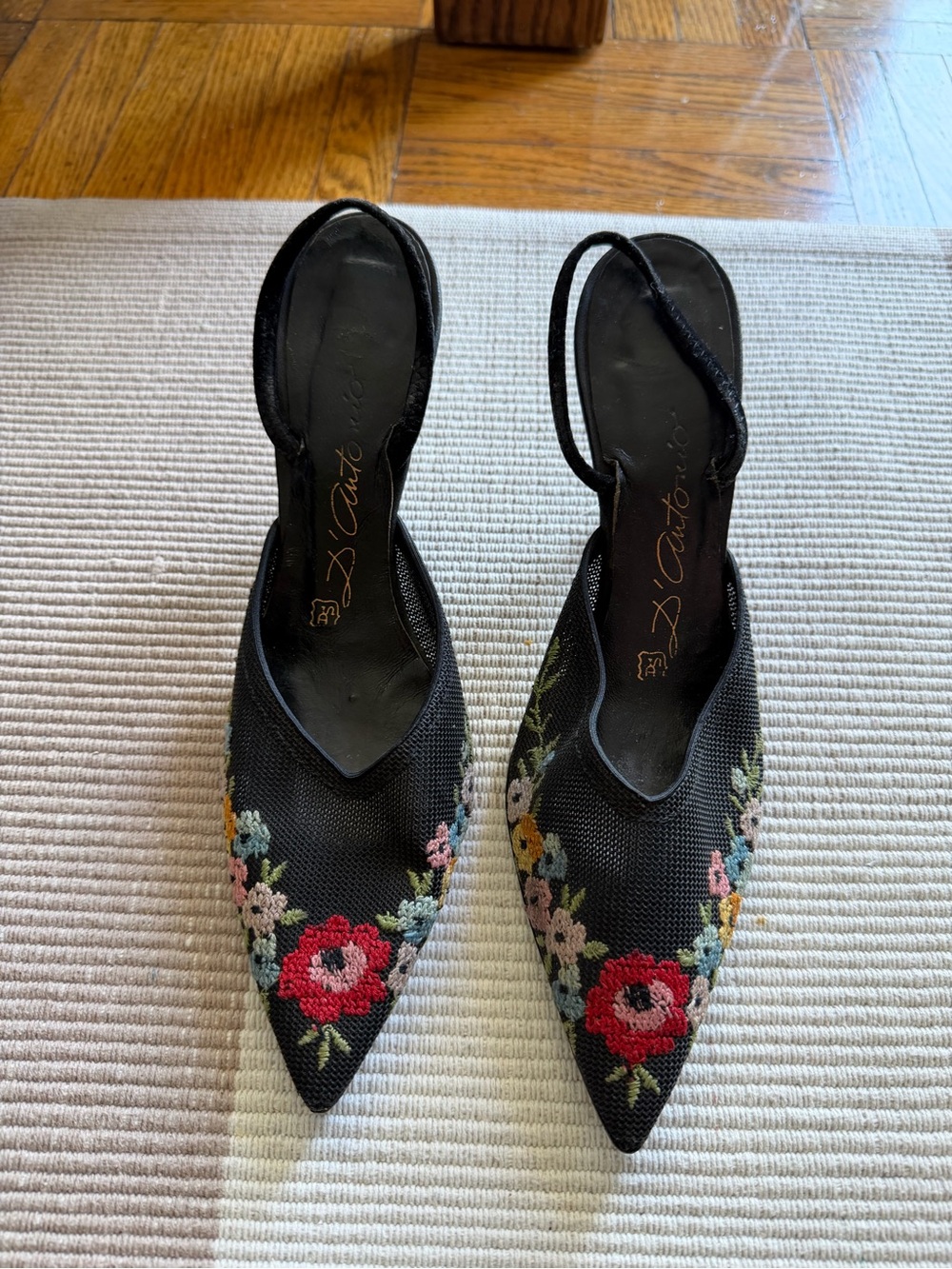 Black Pointed Slingback Heels with Floral Embroidery